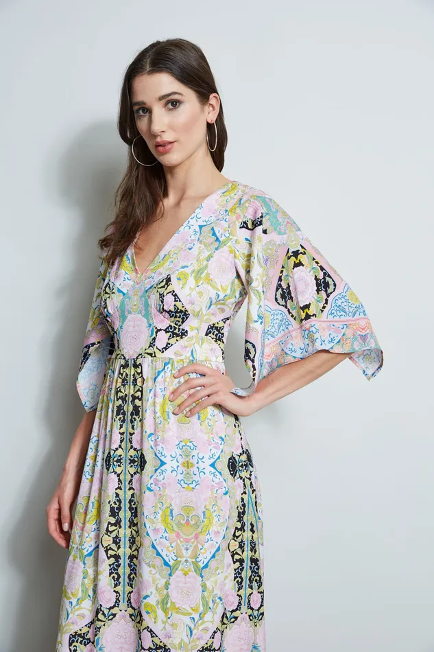 Short Sleeve Dresses Women Elie Tahari Silk Damask Scarf Maxi Dress SUMMER DAMASK