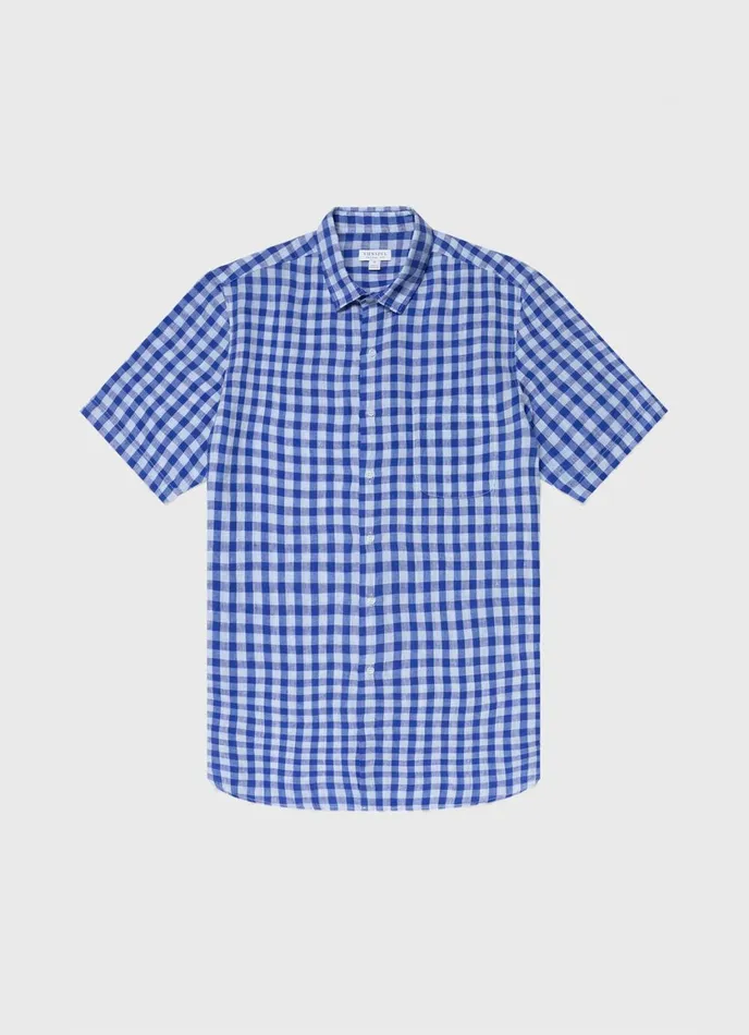 Short Sleeve Linen Shirt Blue Gingham Men SUNSPEL Shirts