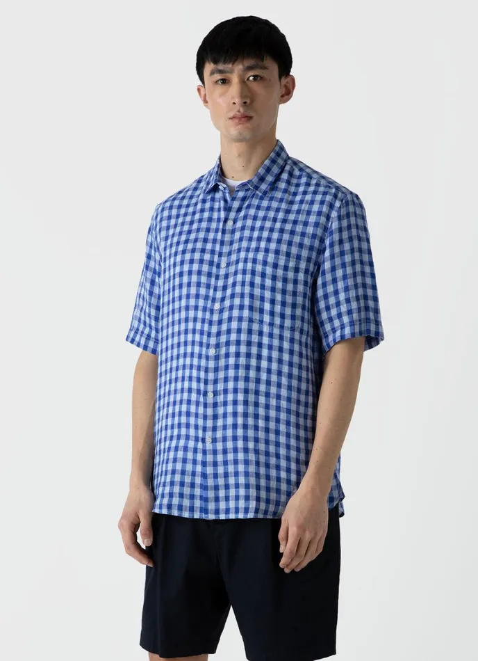 Short Sleeve Linen Shirt Blue Gingham Men SUNSPEL Shirts