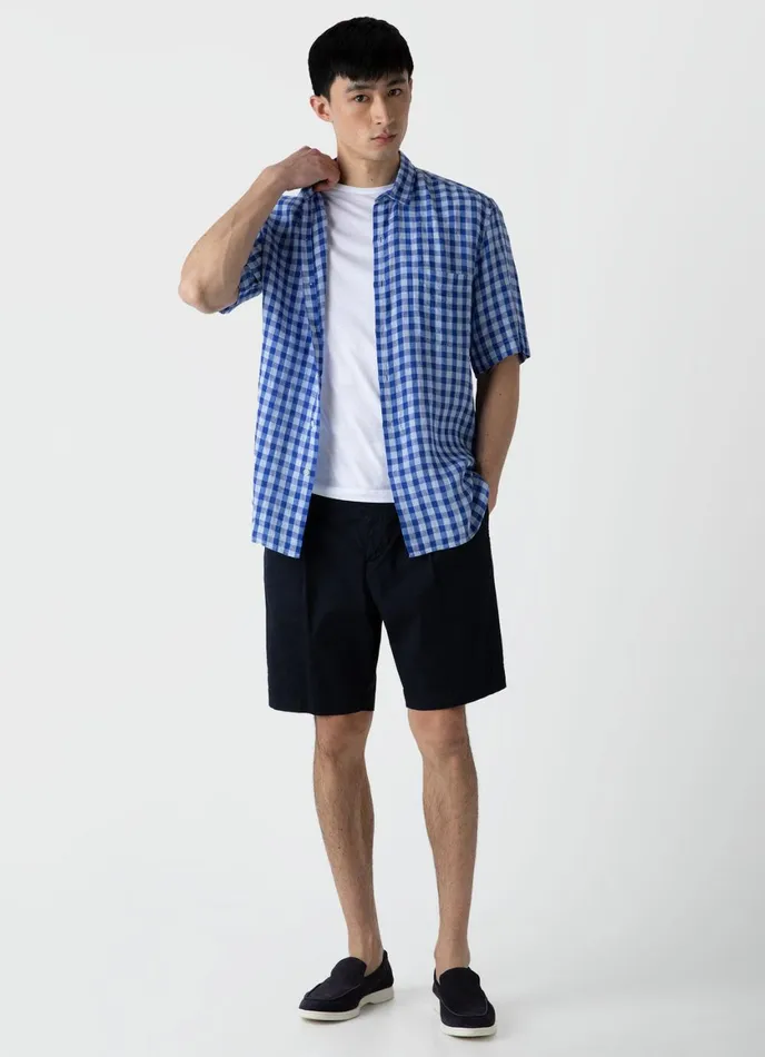 Short Sleeve Linen Shirt Blue Gingham Men SUNSPEL Shirts