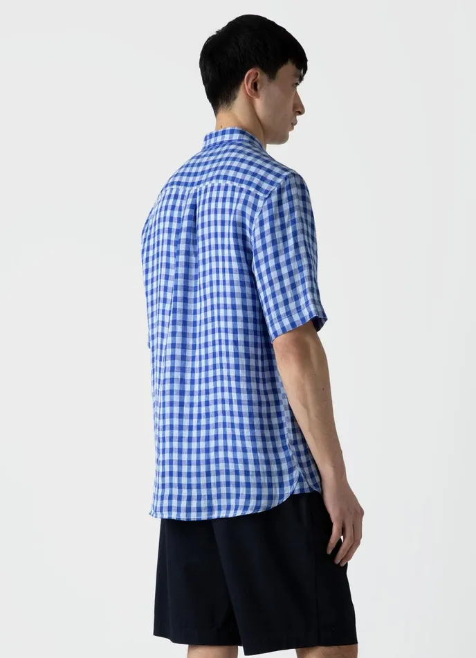 Short Sleeve Linen Shirt Blue Gingham Men SUNSPEL Shirts