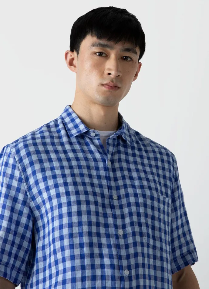 Short Sleeve Linen Shirt Blue Gingham Men SUNSPEL Shirts