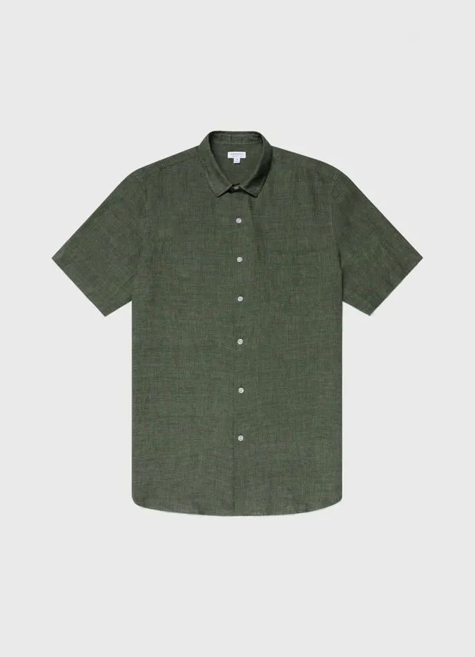 Short Sleeve Linen Shirt Hunter Green Men SUNSPEL Shirts