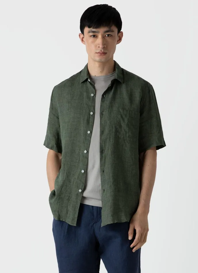 Short Sleeve Linen Shirt Hunter Green Men SUNSPEL Shirts