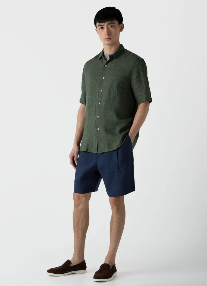 Short Sleeve Linen Shirt Hunter Green Men SUNSPEL Shirts