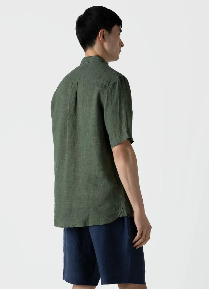 Short Sleeve Linen Shirt Hunter Green Men SUNSPEL Shirts