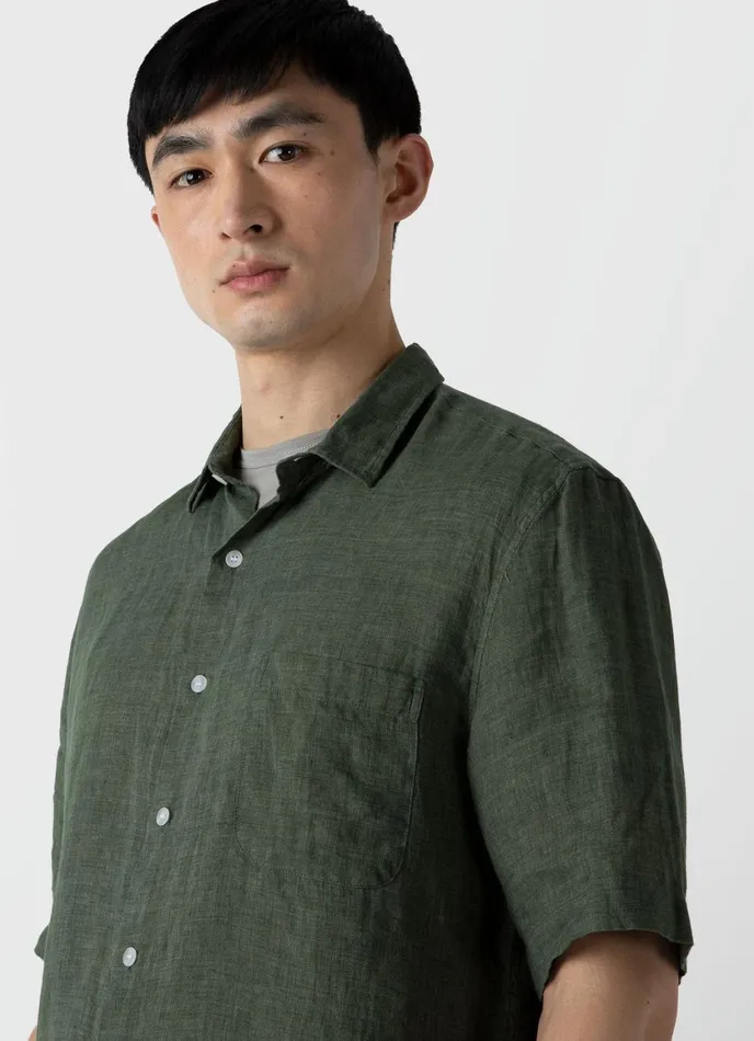 Short Sleeve Linen Shirt Hunter Green Men SUNSPEL Shirts
