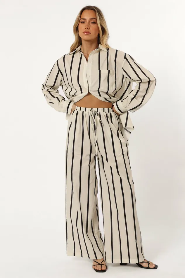 Silvia Button Down Shirt Cream Stripe Women Matching Sets Petal and Pup