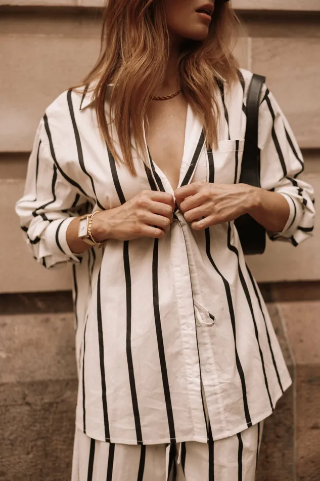 Silvia Button Down Shirt Cream Stripe Women Matching Sets Petal and Pup