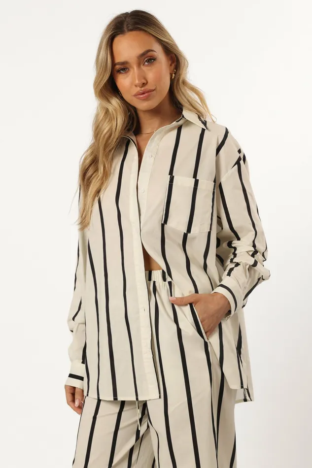 Silvia Button Down Shirt Cream Stripe Women Matching Sets Petal and Pup