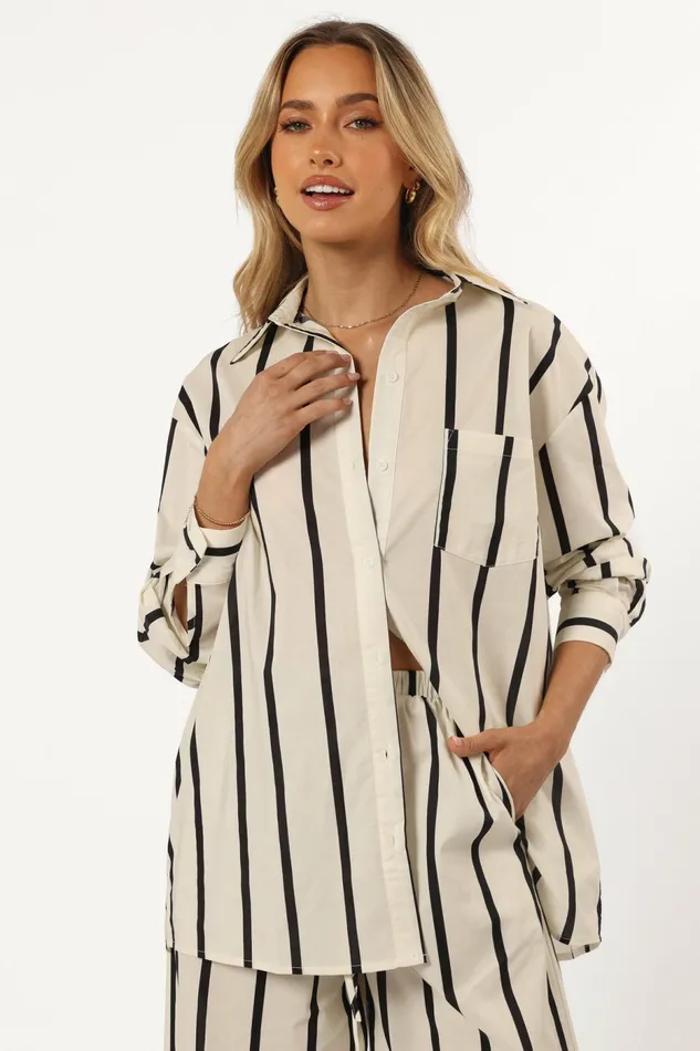Silvia Button Down Shirt Cream Stripe Women Matching Sets Petal and Pup