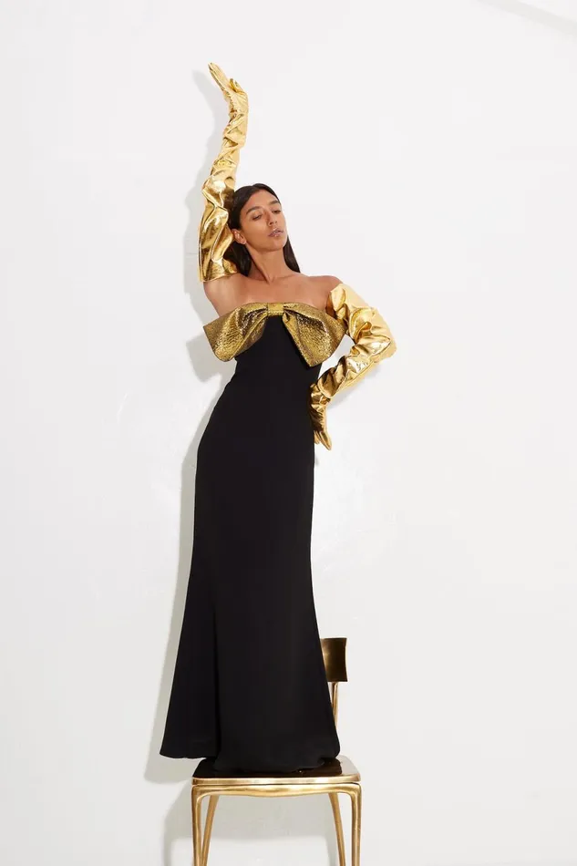 Simon Miller Dresses Women Dali Crepe Dress In BlackStar Gold Simon Miller Dresses Women Dali Crepe Dress In BlackStar Gold