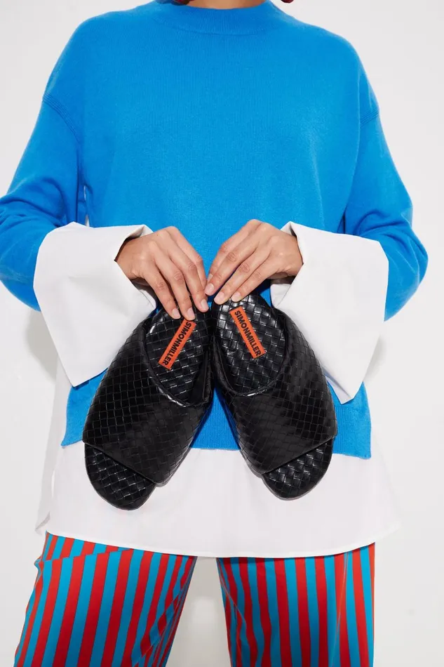 Simon Miller Flats Women Woven Bubble Slide In Black Vegan Leather Simon Miller Flats Women Woven Bubble Slide In Black Vegan Leather