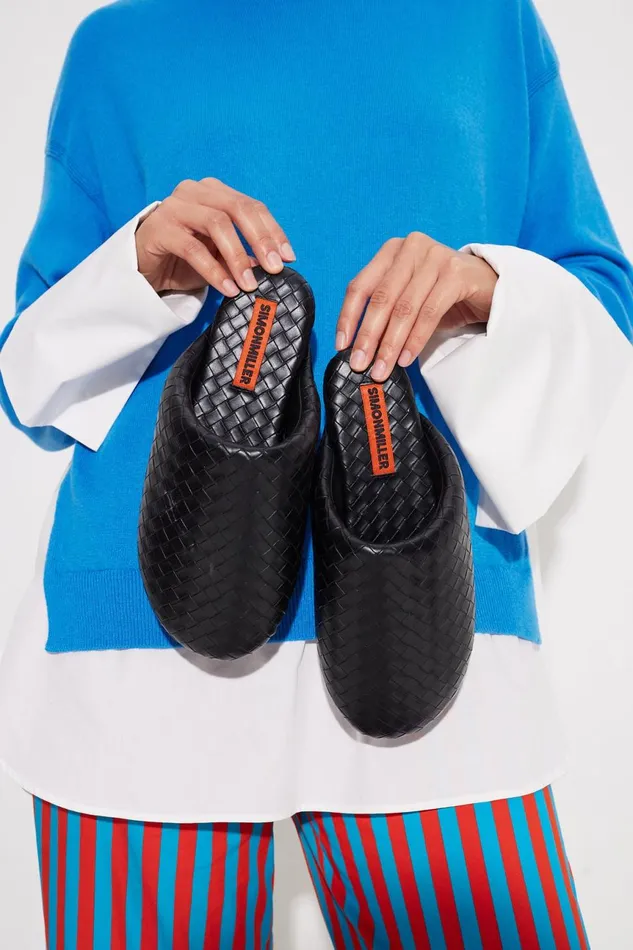 Simon Miller Flats Women Woven Bubble Slipper In Black Vegan Leather