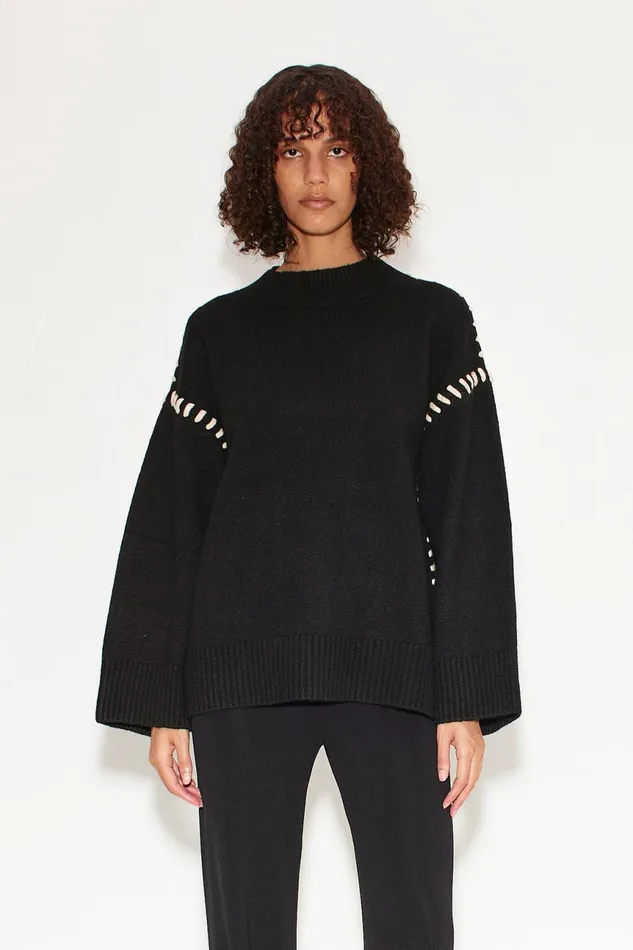 Simon Miller Sweaters Women Leith Whipstitch Knit Sweater In Black With Cream Simon Miller Sweaters Women Leith Whipstitch Knit Sweater In Black With Cream
