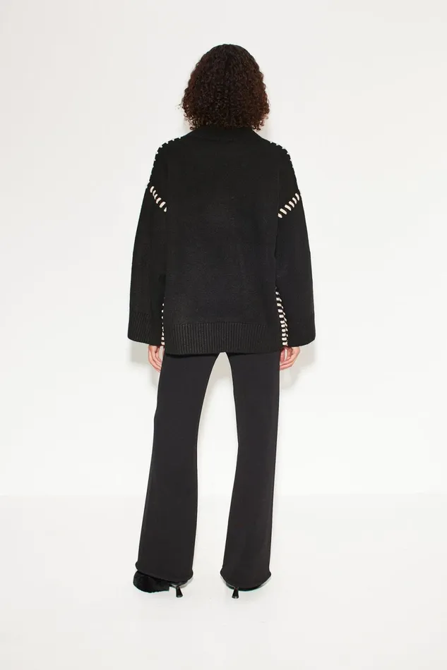 Simon Miller Sweaters Women Leith Whipstitch Knit Sweater In Black With Cream Simon Miller Sweaters Women Leith Whipstitch Knit Sweater In Black With Cream