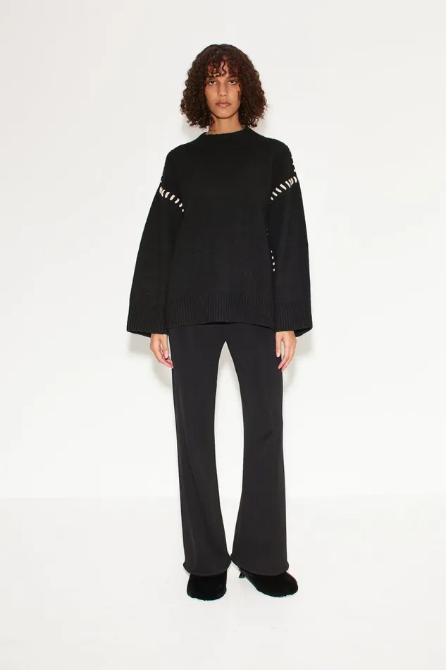 Simon Miller Sweaters Women Leith Whipstitch Knit Sweater In Black With Cream Simon Miller Sweaters Women Leith Whipstitch Knit Sweater In Black With Cream