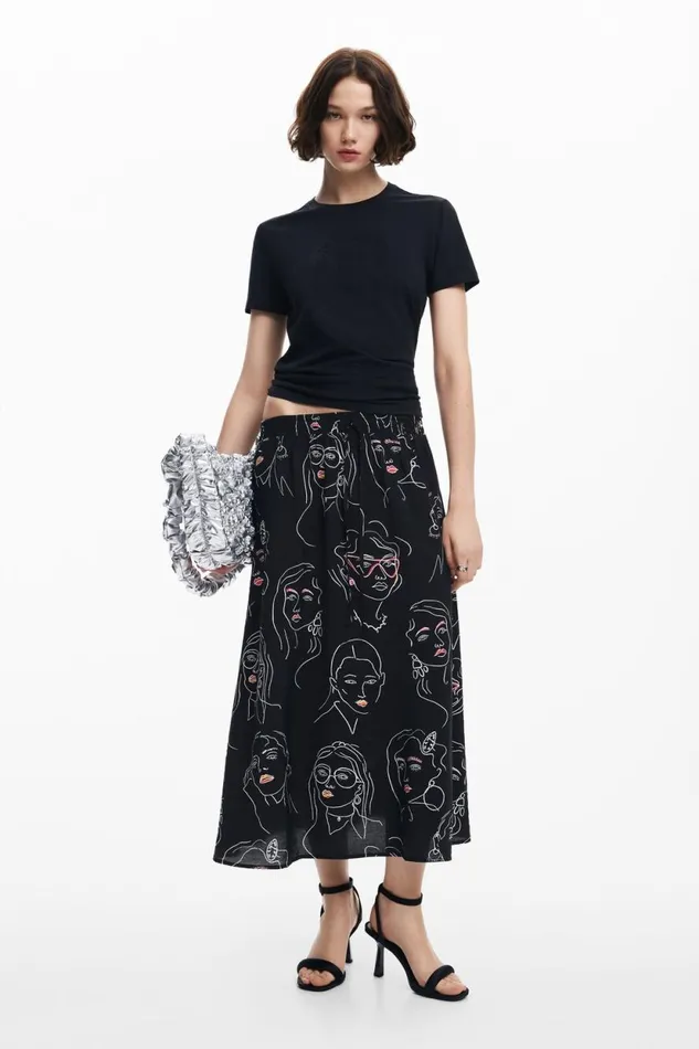 Skirts And Shorts Women Desigual Long Skirt With Faces Black