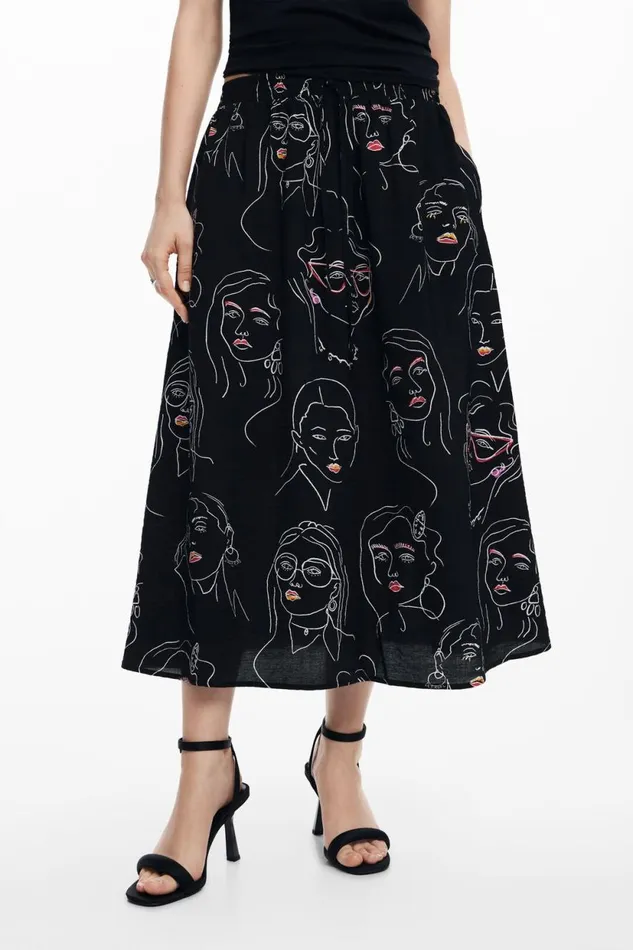 Skirts And Shorts Women Desigual Long Skirt With Faces Black