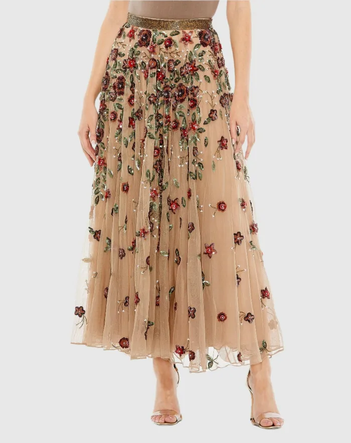 Skirts Floral Beaded Long Chiffon Skirt Coffee 8211 Mac Duggal Women