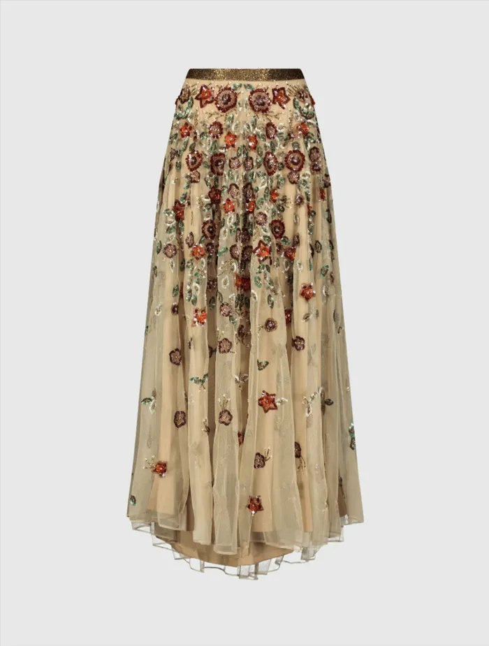 Skirts Floral Beaded Long Chiffon Skirt Coffee 8211 Mac Duggal Women