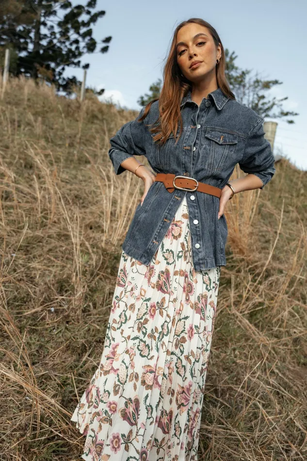Skirts Women Michael Pleated Midi Skirt Paisley Floral Petal and Pup