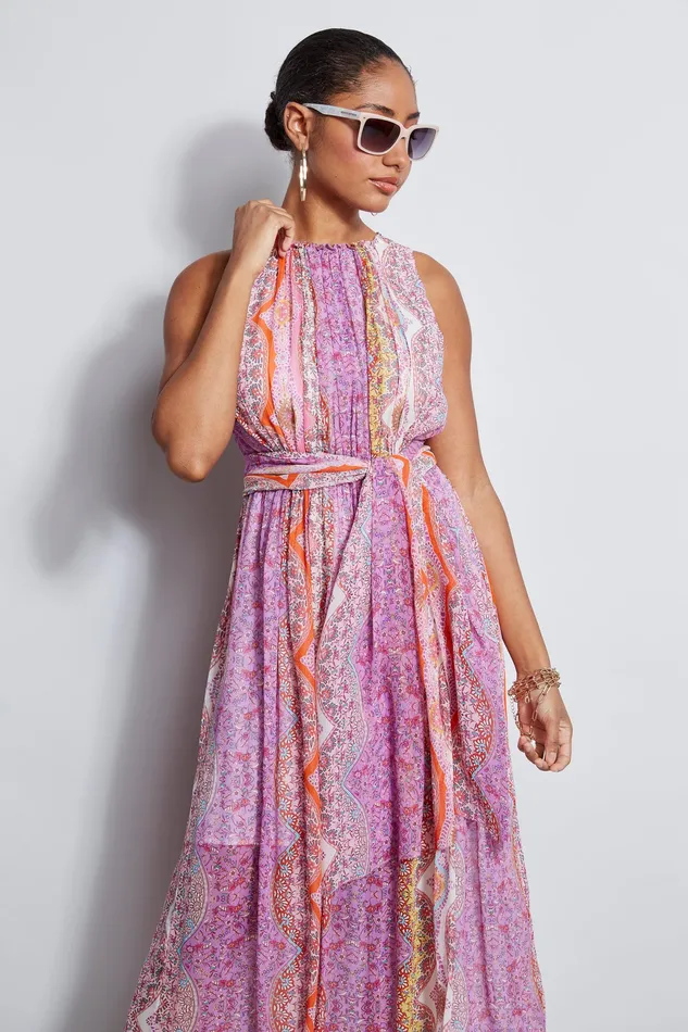 Sleeveless Dresses Women Elie Tahari Crinkle Silk Paisley Midi Dress MULTI