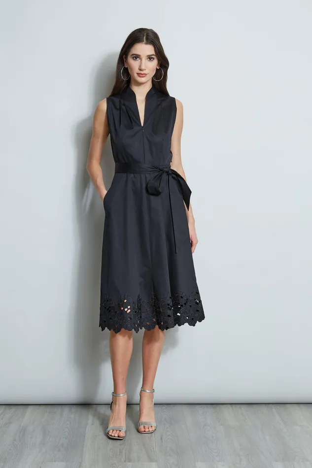 Sleeveless Dresses Women Elie Tahari Embroidered Hem Cotton Dress BLACK