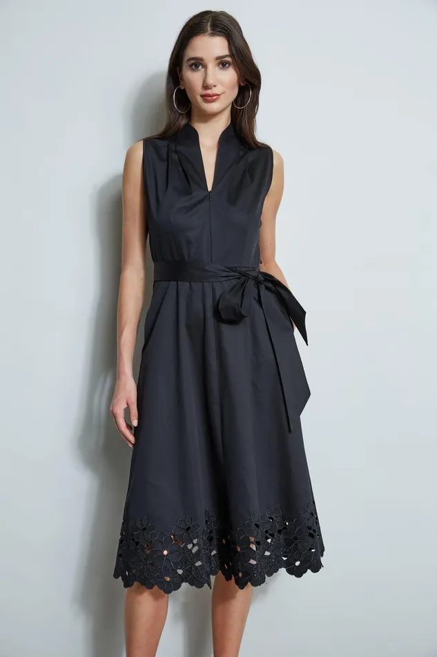 Sleeveless Dresses Women Elie Tahari Embroidered Hem Cotton Dress BLACK