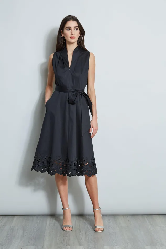 Sleeveless Dresses Women Elie Tahari Embroidered Hem Cotton Dress BLACK