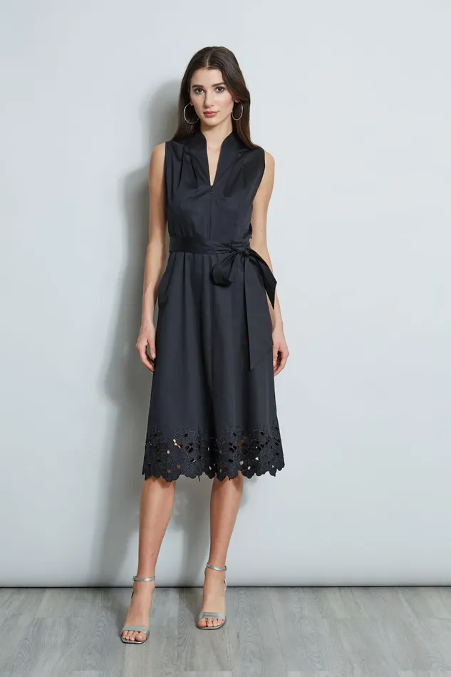 Sleeveless Dresses Women Elie Tahari Embroidered Hem Cotton Dress BLACK