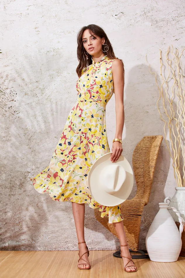 Sleeveless Dresses Women Elie Tahari Floral Silk Twist Neck Dress WATERCOLOR BLOOMS