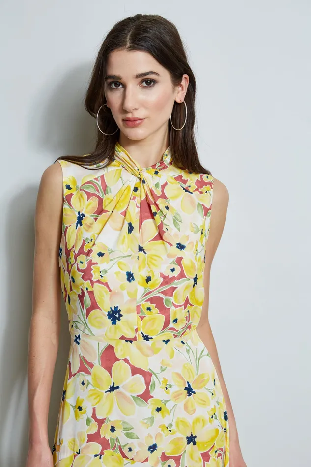 Sleeveless Dresses Women Elie Tahari Floral Silk Twist Neck Dress WATERCOLOR BLOOMS