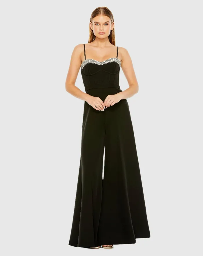 Slim Strap Beaded Bustier Top Jumpsuit Black Women Jumpsuits and Rompers Mac Duggal Slim Strap Beaded Bustier Top Jumpsuit Black Women Jumpsuits and Rompers Mac Duggal