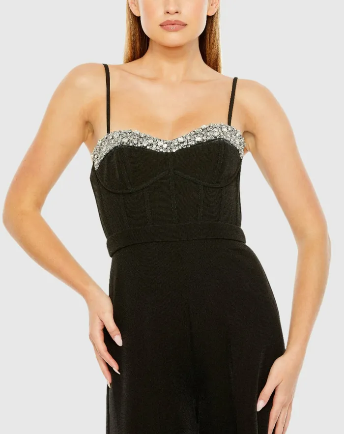 Slim Strap Beaded Bustier Top Jumpsuit Black Women Jumpsuits and Rompers Mac Duggal Slim Strap Beaded Bustier Top Jumpsuit Black Women Jumpsuits and Rompers Mac Duggal