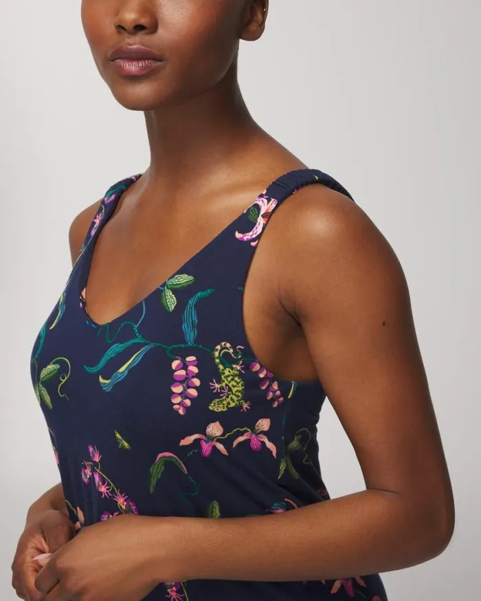 Soma Cool Nights Shirred Strap Chemise Patterned Palms Navy Women Matching Sets and Separates