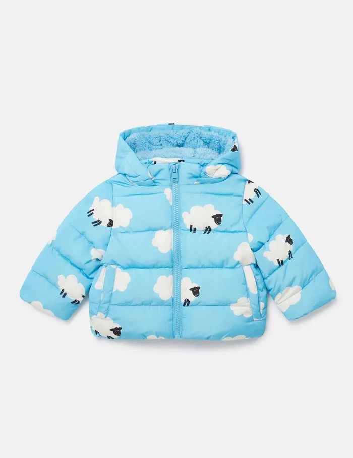 Stella McCartney Baby Boys Kids Sheep Pattern Hooded Puffer Coat Blue And White