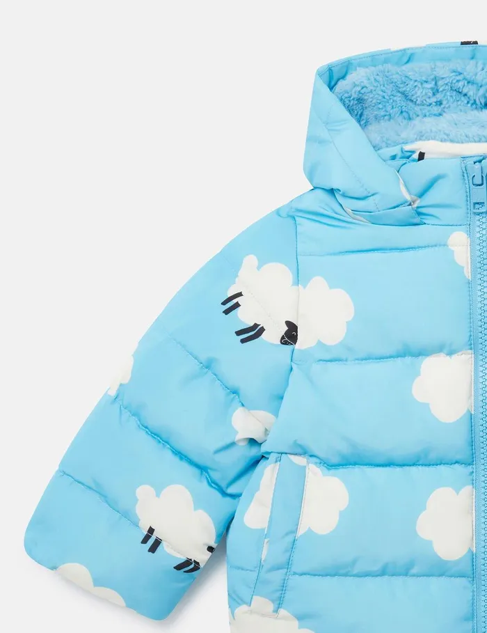 Stella McCartney Baby Boys Kids Sheep Pattern Hooded Puffer Coat Blue And White Stella McCartney Baby Boys Kids Sheep Pattern Hooded Puffer Coat Blue And White