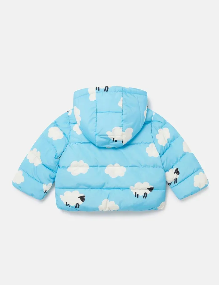 Stella McCartney Baby Boys Kids Sheep Pattern Hooded Puffer Coat Blue And White Stella McCartney Baby Boys Kids Sheep Pattern Hooded Puffer Coat Blue And White