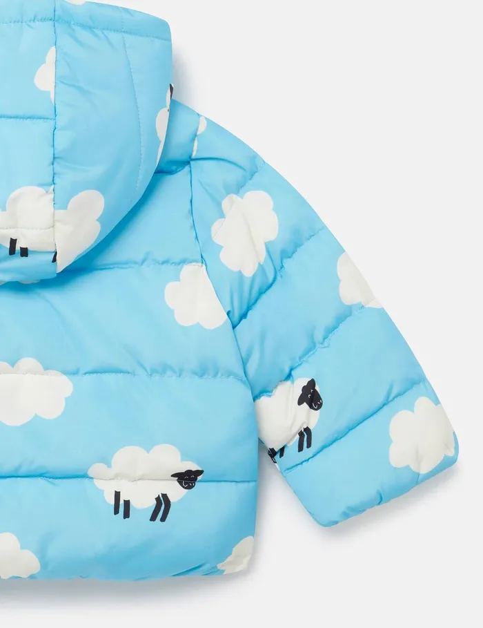 Stella McCartney Baby Boys Kids Sheep Pattern Hooded Puffer Coat Blue And White Stella McCartney Baby Boys Kids Sheep Pattern Hooded Puffer Coat Blue And White