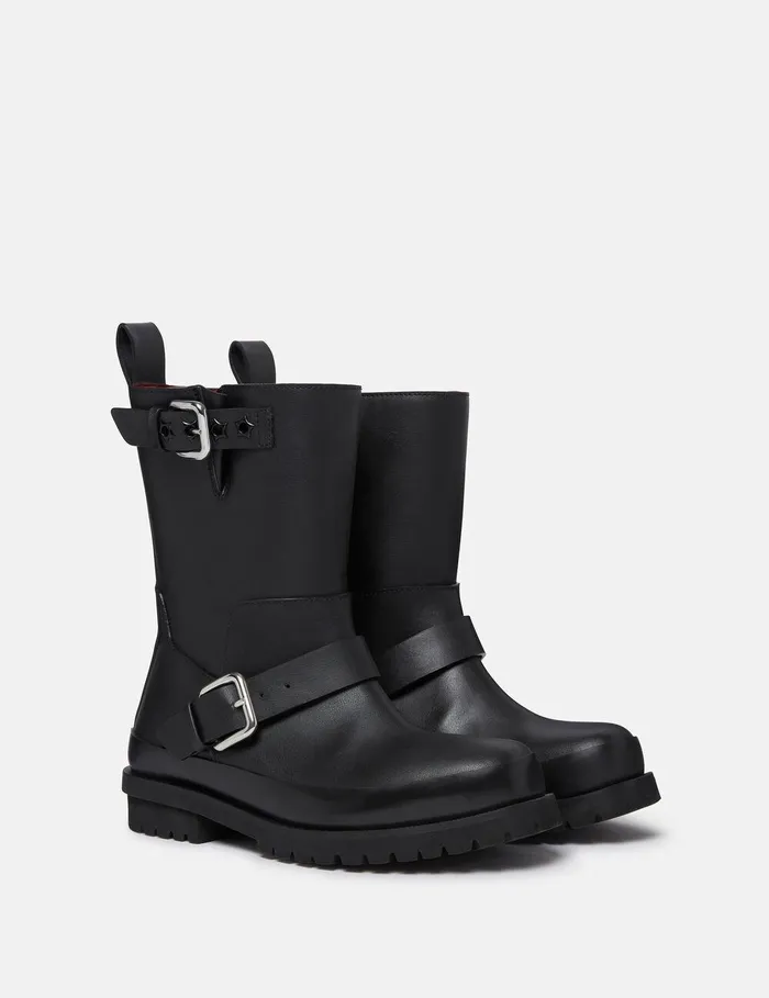 Stella McCartney Boots Women Trace BuckleStrap Biker Boots Midnight Black Stella McCartney Boots Women Trace BuckleStrap Biker Boots Midnight Black