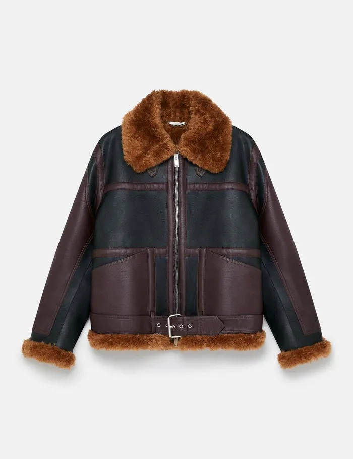 Stella McCartney Coats And Jackets Women Plush Teddy Paneled Biker Jacket Midnight Black And Chocolate Brown Stella McCartney Coats And Jackets Women Plush Teddy Paneled Biker Jacket Midnight Black And Chocolate Brown