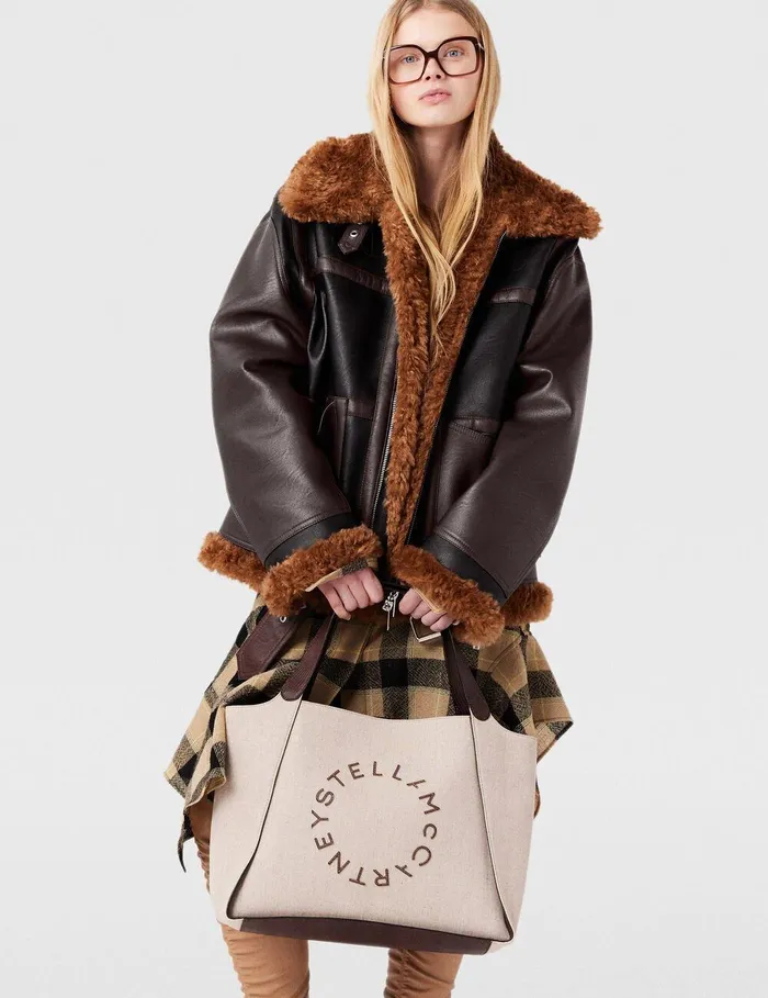 Stella McCartney Coats And Jackets Women Plush Teddy Paneled Biker Jacket Midnight Black And Chocolate Brown Stella McCartney Coats And Jackets Women Plush Teddy Paneled Biker Jacket Midnight Black And Chocolate Brown