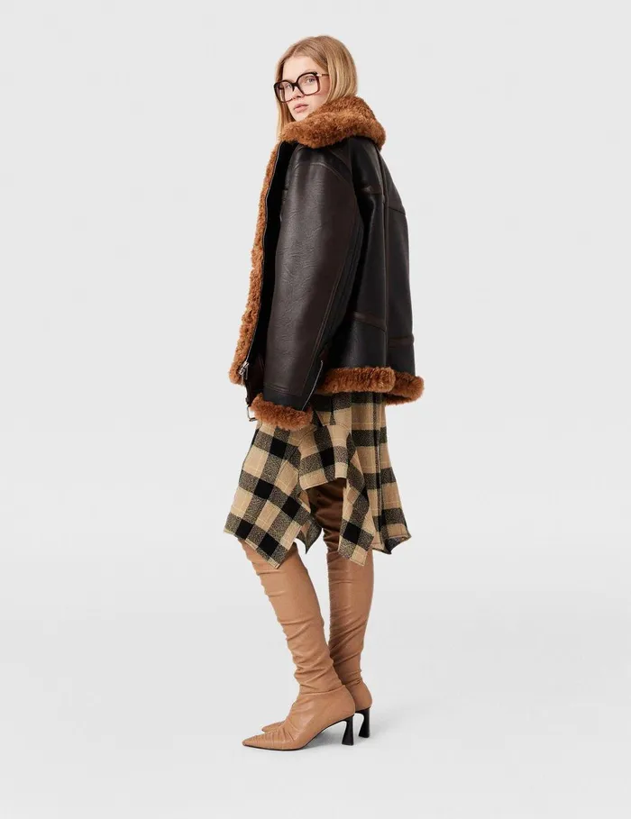 Stella McCartney Coats And Jackets Women Plush Teddy Paneled Biker Jacket Midnight Black And Chocolate Brown Stella McCartney Coats And Jackets Women Plush Teddy Paneled Biker Jacket Midnight Black And Chocolate Brown