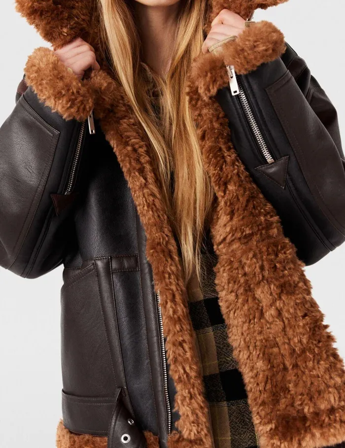 Stella McCartney Coats And Jackets Women Plush Teddy Paneled Biker Jacket Midnight Black And Chocolate Brown Stella McCartney Coats And Jackets Women Plush Teddy Paneled Biker Jacket Midnight Black And Chocolate Brown