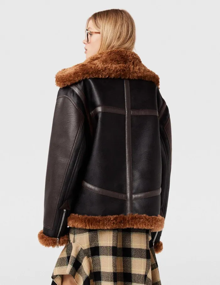 Stella McCartney Coats And Jackets Women Plush Teddy Paneled Biker Jacket Midnight Black And Chocolate Brown Stella McCartney Coats And Jackets Women Plush Teddy Paneled Biker Jacket Midnight Black And Chocolate Brown
