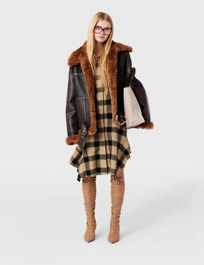 Stella McCartney Coats And Jackets Women Plush Teddy Paneled Biker Jacket Midnight Black And Chocolate Brown Stella McCartney Coats And Jackets Women Plush Teddy Paneled Biker Jacket Midnight Black And Chocolate Brown
