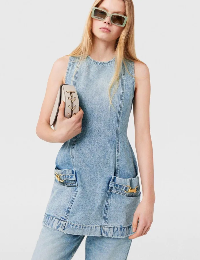 Stella McCartney Dresses Women ClaspEmbellished Sleeveless Mini Dress Light Wash Blue