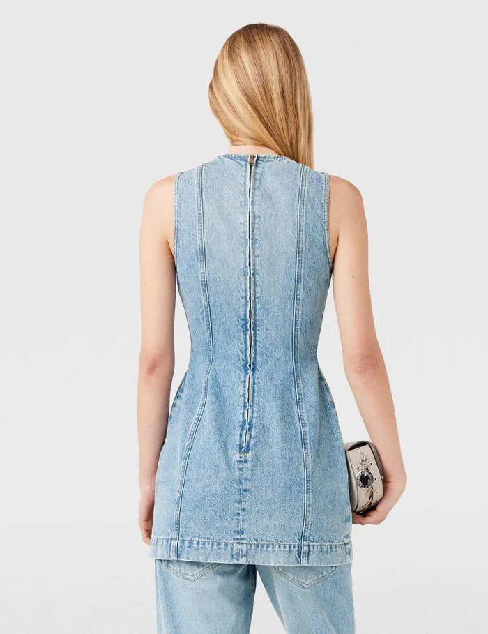Stella McCartney Dresses Women ClaspEmbellished Sleeveless Mini Dress Light Wash Blue