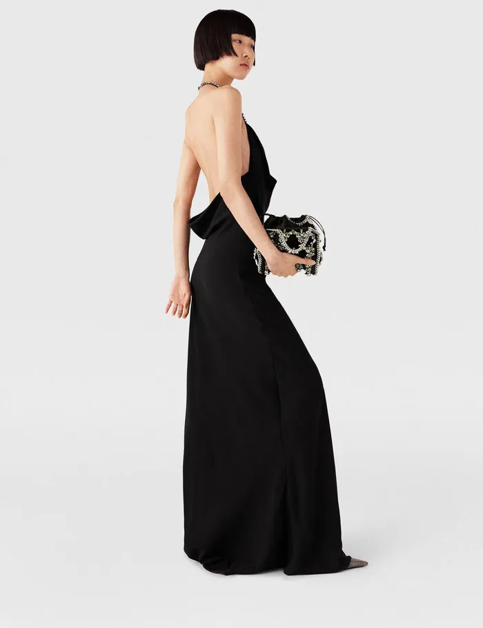 Stella McCartney Dresses Women Plunge Crystal Halterneck Maxi Dress Black And Silver